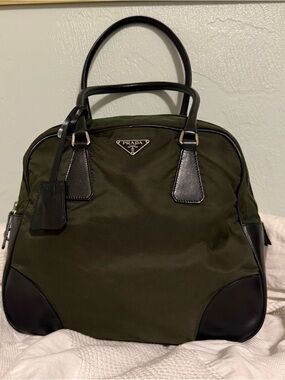 Prada Nylon Leather Bowling Handbag Khaki Green